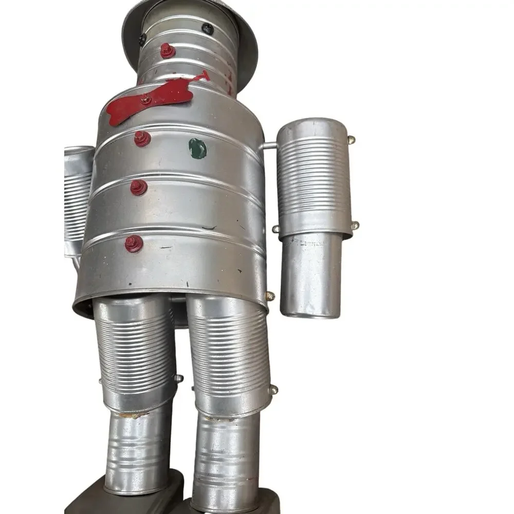 Vintage Tin Can Robot Folk Art Sculpture Handmade Recycled Metal 20” Tall